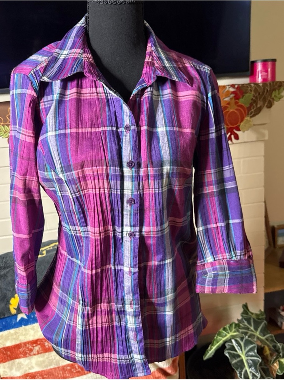 Christopher & Banks Plaid Button-Front Shirt in Magenta and Purple